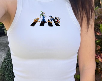 Embroidered Mickey And Friends Tank Top, Disney Character Ribbed Crop Tank, Pluto Goofy Donald Mickey Shirt, Cute Disney Trip Outfit