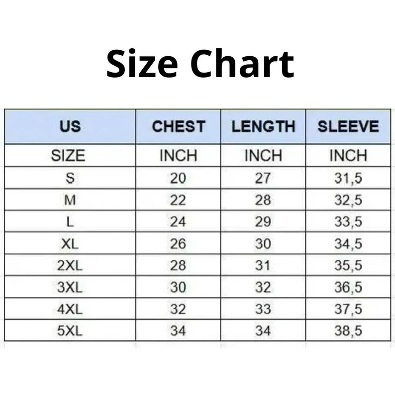 以下が含まれることがあります： 胸囲、着丈、袖丈のインチ単位のサイズチャート。サイズはSから5XLまでで、胸囲は50.8〜86.4cm、着丈は68.6〜86.4cm、袖丈は80〜97.8cmです。