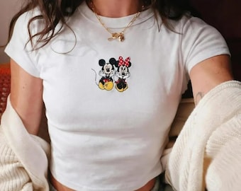 Mickey and Minnie Embroidered Baby Tee, Disney Couple Crop Top, Cute Matching Disney Shirt, Y2K Cartoon Graphic Tee, Disney trip Outfit