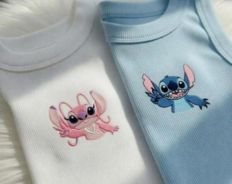 Embroidered Disney Stitch Angel Ribbed Tank Top, Summer Top, Matching Couple Shirt, Gift for Her, Disney Trip Shirt