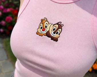 Disney Chip n Dale Gesticktes geripptes Tank Top, Cartoon Chipmunk Passender Tank, Minimales Charakter Stickerei Top, Lässiges Sommer Top