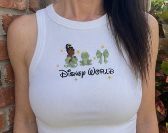 Camiseta sin mangas bordada de la Princesa Tiana, camiseta de Disney World, camiseta de bebé de la Princesa Rana, top de vacaciones de Disney, camiseta sin mangas de Coquette Disney