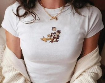 Chip and Dale Embroidered Baby Tee, Disney Chipmunks Shirt, Acorn Tee, Aesthetic Vintage Disney Outfit for Women