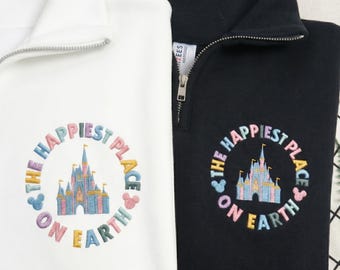 Sudadera con cremallera de un cuarto bordada "El lugar más feliz del mundo", jersey del Castillo de Disney, sudadera del Reino Mágico, regalo para un viaje a Disney.