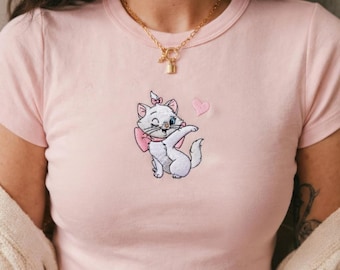 Marie Aristocats Embroidered Baby tee, Y2K Baby Tee for Women, Coquette Disneybound Outfit, Disneyland Vacation Tee, Cat Tee