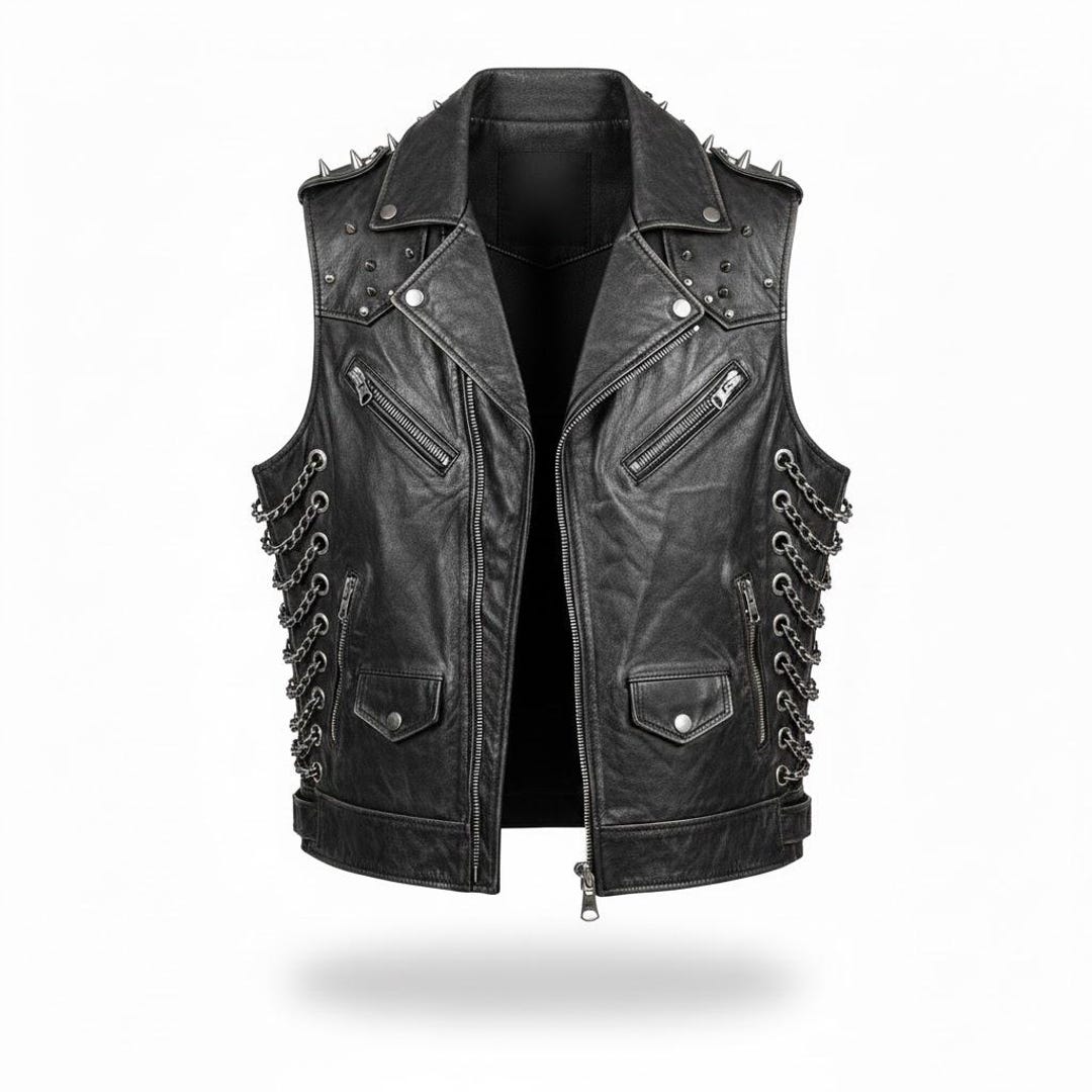 Men's Black Leather Vest With Side Chain Lacing Gothic:biker Vest