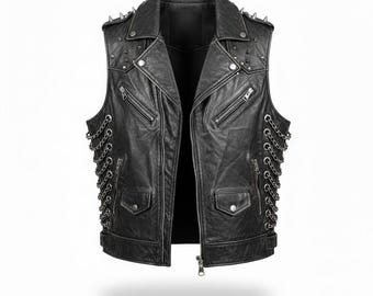 Men's Black Leather Vest with Side Chain Lacing Gothic:Biker Vest Handmade Steampunk Leather Waistcoat Festival & Motorcycle Fashion