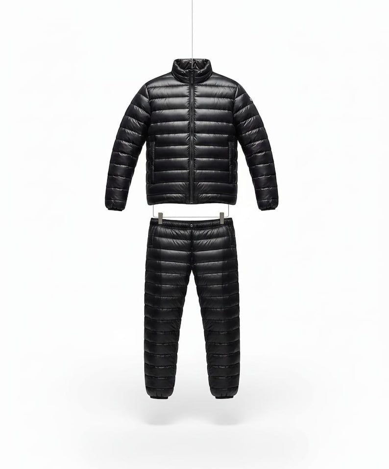 May include: A black, quilted down jacket and matching pants set. The jacket has a stand-up collar and a full-length zipper. The pants have an elastic waistband. Both pieces are made of a shiny, lightweight material, perfect for outdoor activities.