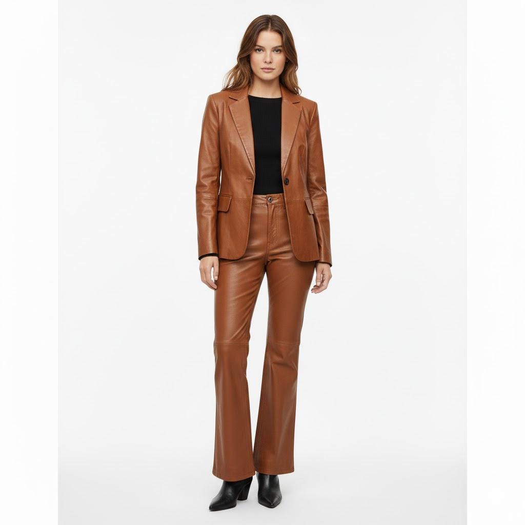 Leather Pantsuit - Women's Tailored:Blazer & Wide-Leg Trousers Elegant Genuine Leather Two-Piece Set