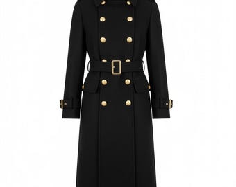 Abrigo militar unisex de lana negra – Gabardina larga de invierno con botones dorados