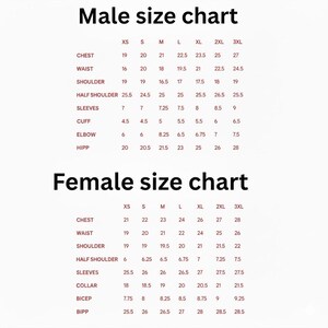 May include: A size chart for male and female clothing, with measurements in inches. The chart includes chest, waist, shoulder, sleeve, cuff, elbow, and hip measurements for men, and chest, waist, shoulder, sleeve, collar, bicep, and bipp measurements for women.