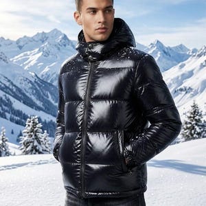 May include: A glossy black puffer jacket with a high collar, a hood, and a full-length front zip. The jacket features horizontal quilted panels and two side pockets, with visible white snow particles resting on the shoulders and hood.
