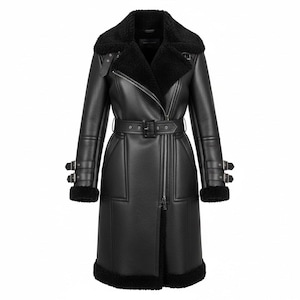 May include: A black leather coat with a shearling collar and lining. The coat features a belted waist, a zip closure, and buckle details on the sleeves. The coat is a long length and has shearling trim at the cuffs and hem.