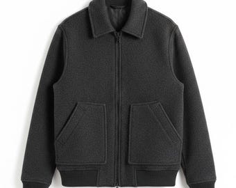 Handmade Charcoal Wool Bomber Jacket : Men’s Designer Winter Coat | Warm Wool Short Jacket