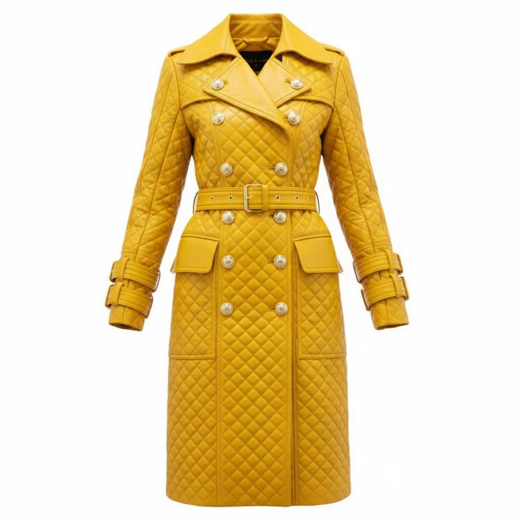 Unisex Yellow Quilted Sheepskin Leather Trench Coat: Long Luxury Winter Jacket