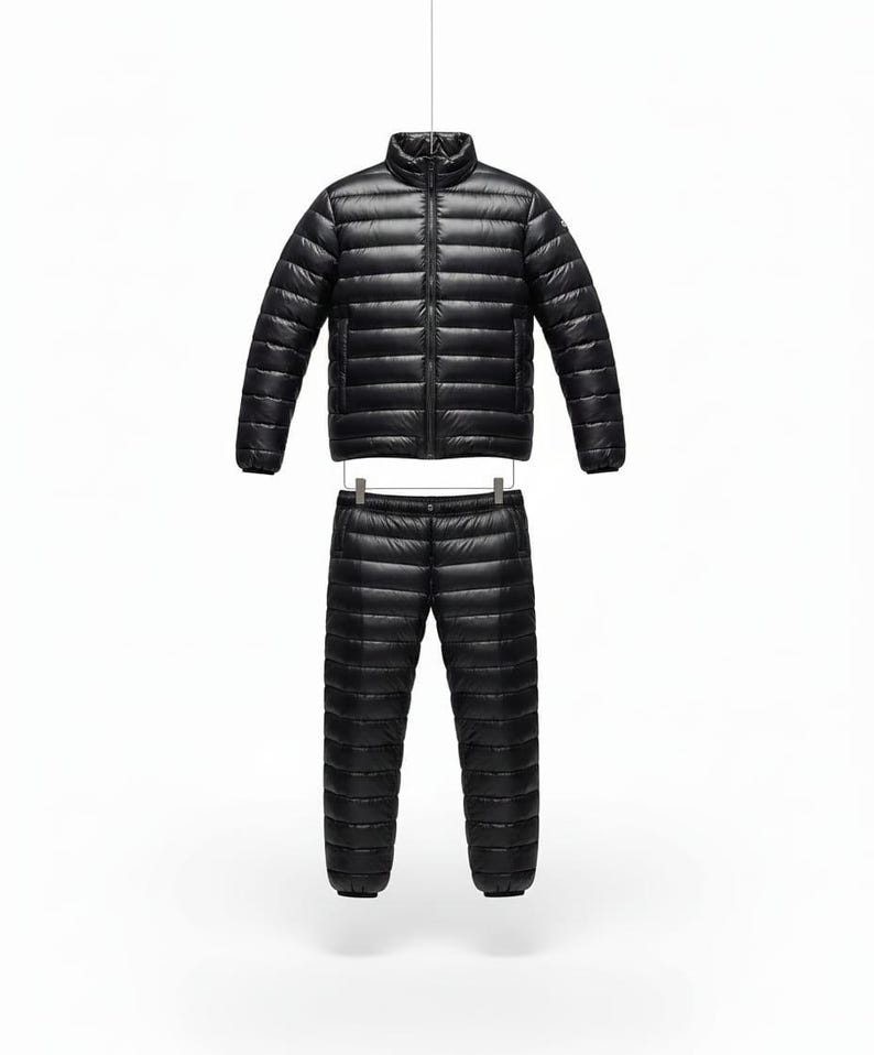 May include: A black, quilted down jacket and matching pants set. The jacket has a stand-up collar and a full-length zipper. The pants have an elastic waistband. Both pieces are made of a shiny, lightweight material, perfect for outdoor activities.