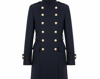 Cappotto militare unisex in misto lana blu navy: giacca invernale doppiopetto