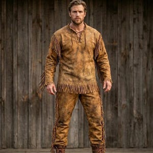 Könnte beinhalten: Eine Person trägt ein braunes Wildleder-Outfit. Das Outfit umfasst ein langärmliges Hemd und eine Hose, beide mit Fransen. Das Hemd hat einen geschnürten Ausschnitt. Die Person steht vor einem hölzernen Hintergrund.