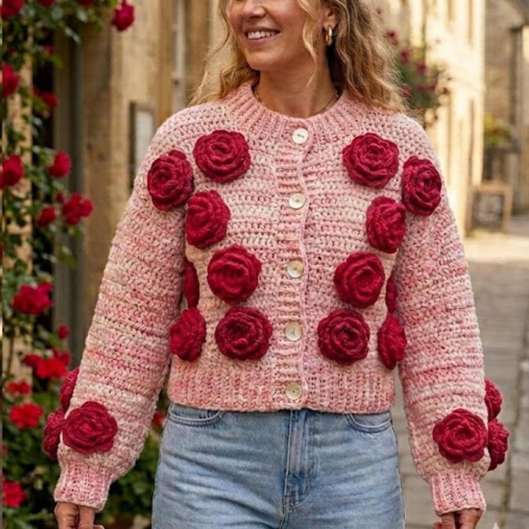 Handmade Crochet Rose Cardigan – Pink Cropped Knit Sweater