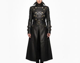 Men’s Long Black Leather Steampunk Coat:Gothic Military Trench with High Collar & Buckle Straps Cosplay Costume Jacket Victorian Dieselpunk
