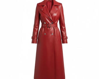 Handmade Red Leather Trench Coat:Gothic Steampunk Long Jacket Unisex Vintage Cosplay Costume Coat Victorian Festival & Halloween Outfit