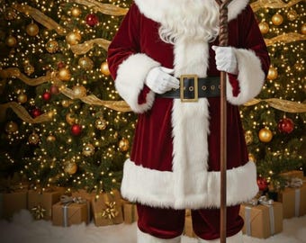 Op de afbeelding: Kerstman in een rood fluwelen pak met witte bontafwerking, zwarte laarzen en een zwarte riem met een gouden gesp. Hij houdt een houten staf vast. Op de achtergrond staan ​​kerstbomen versierd met lichtjes en ornamenten.