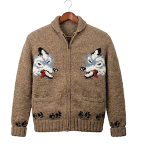 Hand Knit Wool Wolf Cardigan:Canadian Heritage Style Sweater | Nordic Animal Pattern Wool Cardigan for Men Zip Up Winter Knit Jacket
