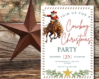 Cowboy Christmas Party Invitation, Instant Download Western Print, Editable Canva Template