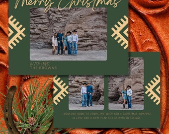 May include: A set of Christmas cards with a family photo on a dark green background. The cards have gold text that reads "Merry Christmas" and "With Love, The Browns." The cards also have a decorative pattern and a horseshoe.