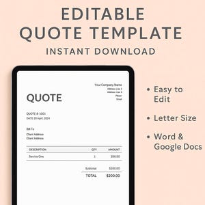 May include: A digital quote template displayed on a tablet. The template includes fields for company name, client details, and service descriptions. Text on the image reads "EDITABLE QUOTE TEMPLATE" and "INSTANT DOWNLOAD."