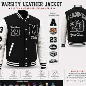 May include: A black and white varsity leather jacket featuring a front view with a large letter M, the number 23, and custom text. The back view displays the number 23 and custom text. Includes various patch options and a color selection chart.