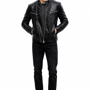 Men’s Black Snake Embossed Leather Jacket Genuine Cowhide Biker Motorcycle Riding Coat