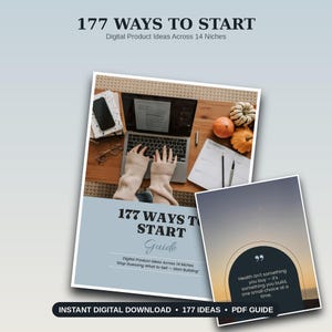 Pode incluir: Um guia digital intitulado 177 WAYS TO START com uma capa que mostra um portátil, uma agenda e abóboras numa secretária de madeira. Uma segunda página apresenta um gráfico em arco com o texto: Health isn't something you buy - it's something you build.