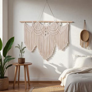 May include: A cream-colored macrame wall hanging with a wooden dowel. The intricate design features knotted patterns and fringe, creating a bohemian aesthetic. The wall decor is suspended against a white wall, adding a touch of texture and warmth to the space.