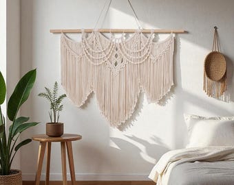 May include: A cream-colored macrame wall hanging with a wooden dowel. The intricate design features knotted patterns and fringe, creating a bohemian aesthetic. The wall decor is suspended against a white wall, adding a touch of texture and warmth to the space.