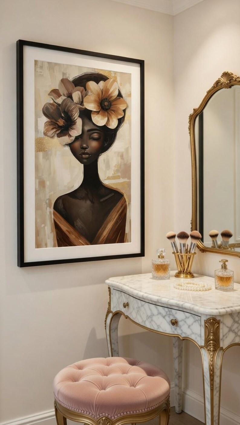 Black Woman Floral Portrait – Soft Neutral Luxury Canvas Print, Elegant ...