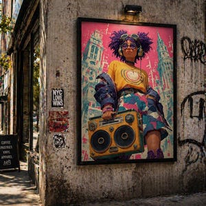 Könnte beinhalten: Ein gerahmter Kunstdruck mit einer Illustration einer Person mit lila Haaren, die einen Ghettoblaster hält. Die Person trägt ein gelbes Oberteil und einen gemusterten Rock vor einem rosafarbenen Stadtbild. Die Wand ist mit Graffiti und einem "NYC LOVE WINS" Aufkleber versehen.