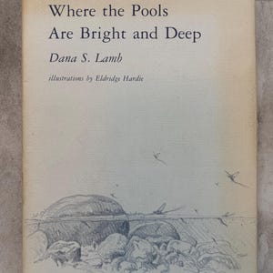 May include: A vintage book titled "Where the Pools Are Bright and Deep" by Dana S. Lamb, with illustrations by Eldridge Hardie. The cover is off-white with a pencil sketch of rocks and water. The book has a blue spine.
