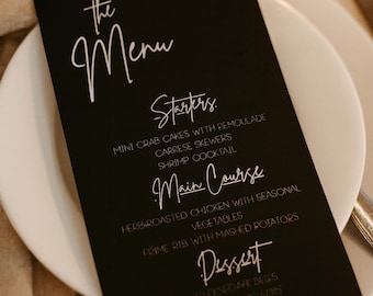 Schwarzes Hochzeitsmenü Vorlage • Elegantes minimalistisches Design (Canva, 4x8, Instant Download)
