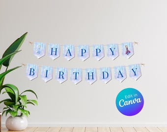 Frozen Birthday Banner, bearbeitbare Partydekoration (Digitaler Download)