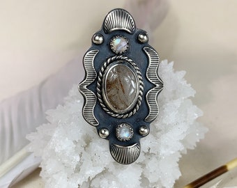 Rutilated Quartz and Moonstone Ring [Size 6.75-7]