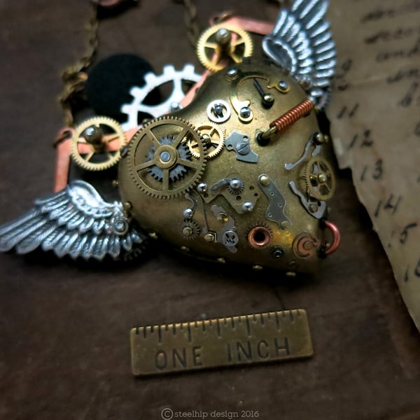 Steampunk Valentine, Heart with wings pendant, Love steam punk necklace, Watch gears parts, Flying mechanical heart pendant, Miniature art