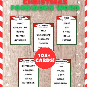 May include: A Christmas-themed game board with the text "CHRISTMAS FORBIDDEN WORD" in green. The game includes cards with words like "Cookies," "Toys," and "Candy Canes." The game has 108+ cards.
