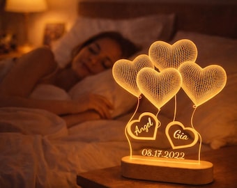 Romantic Couple Gift Anniversary Valentine, Personalized Heart LED Lamp | Custom Name Date Night Light, L3