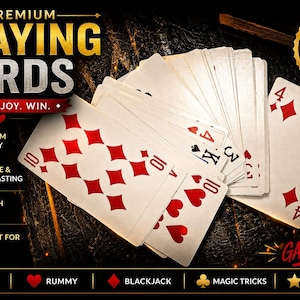 Puede incluir: Cartas de juego con palos de diamantes rojos y palos negros abanicadas sobre un fondo oscuro. Se muestra el texto "PREMIUM PLAYING CARDS" y "PLAY. ENJOY. WIN.". Las cartas se anuncian como "Durable & Long Lasting" y "Perfect for Every GAME NIGHT!"