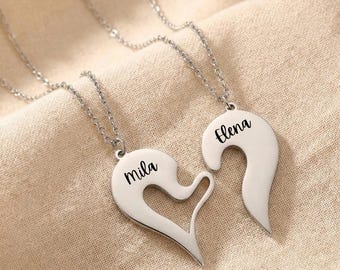 Juego de 2 collares de corazón personalizados para mejores amigas, collares de pareja, regalo grabado personalizado para ella, regalo para dama de honor