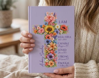 Cuaderno de tapa dura con cruz floral / Diario de afirmaciones de fe, planificador de estudio bíblico