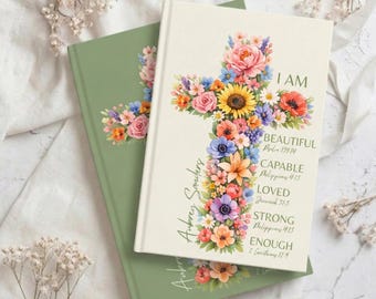 Cuaderno con cruz floral y nombre personalizado, cuaderno de afirmaciones cristianas
