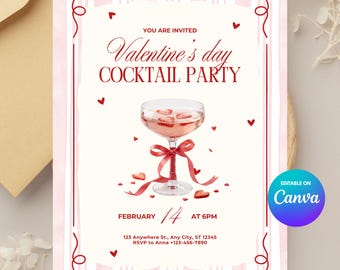 Invitación digital editable en rosa para Galentines / Invitación femenina para San Valentín / Plantilla coqueta editable para San Valentín / Tarjeta de fiesta imprimible