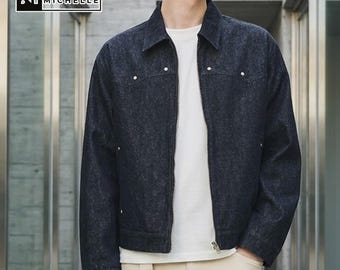 Giacca di jeans minimal / Capospalla comodo con zip / Abbigliamento quotidiano / Stile streetwear casual